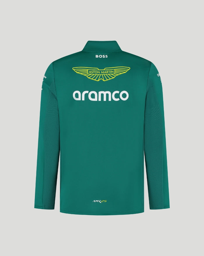Back view of green Mens Aston Martin Team 1/4 Zip jacket with white aramco logo and yellow wings.