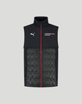 Black Porsche Motorsport vest with red zipper and checkered front panels