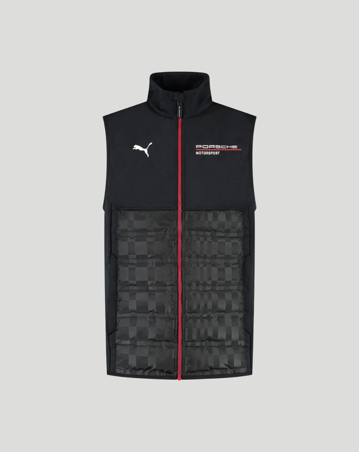 Black Porsche Motorsport vest with red zipper and checkered front panels