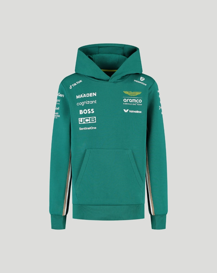 Green Aston Martin drivers hoodie with multiple sponsor logos on the chest and a hood.