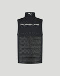 Back view of a black Porsche Motorsport gilet with a large PORSCHE logo across the back and a quilted lower panel
