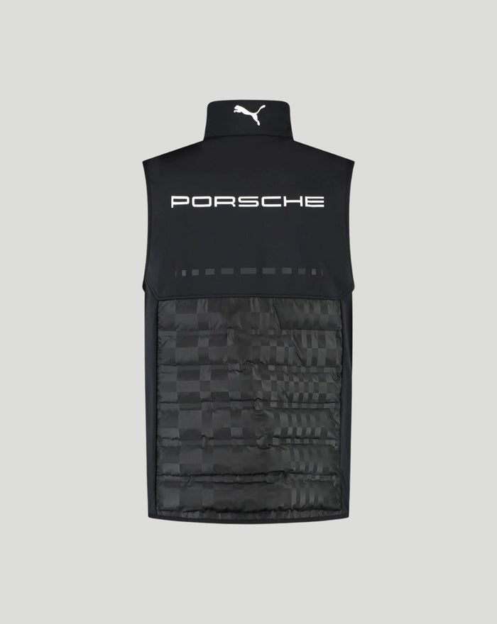 Back view of a black Porsche Motorsport gilet with a large PORSCHE logo across the back and a quilted lower panel