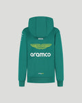 Back view of green Aston Martin drivers hoodie with a large yellow wings logo and Aramco branding.