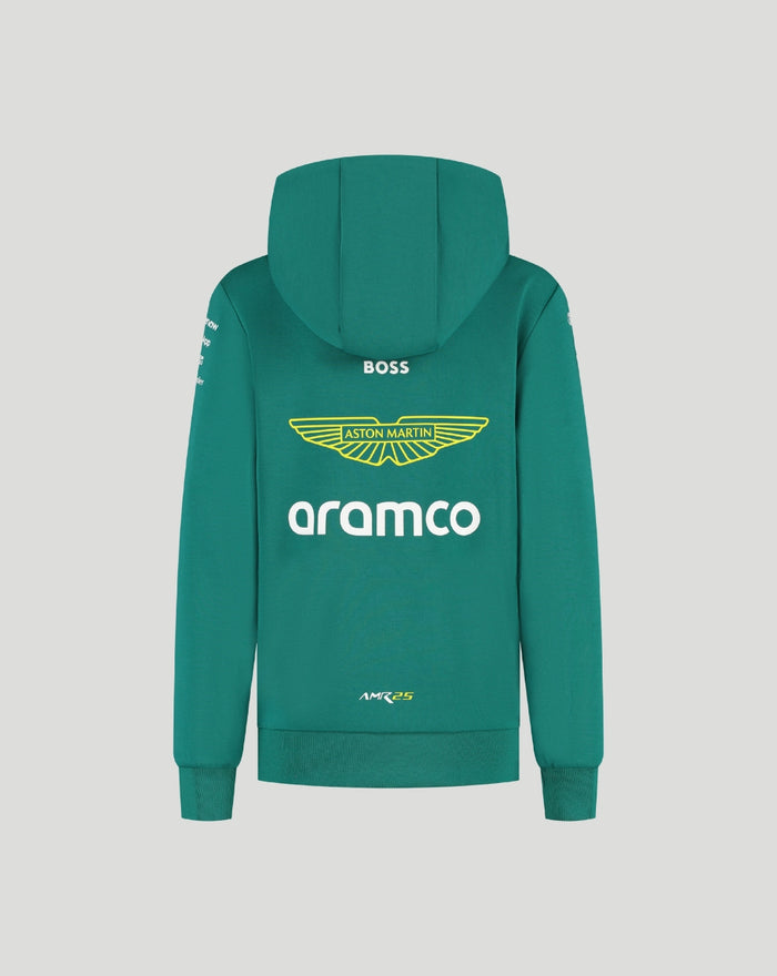 Back view of green Aston Martin drivers hoodie with a large yellow wings logo and Aramco branding.