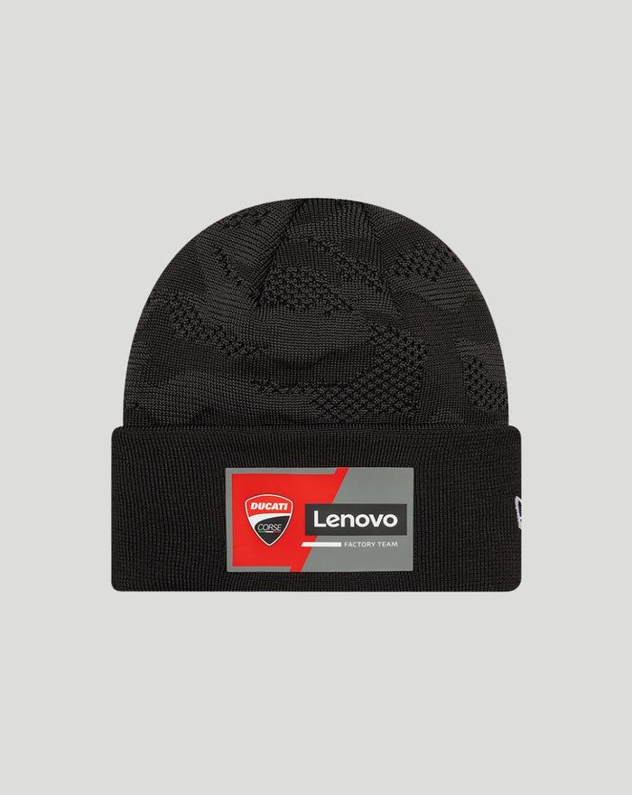 Ducati Team wide cuff black knitted beanie with a textured pattern and a Ducati Lenovo patch on the cuff