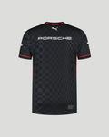 Back view of Mens Porsche Motorsport Team T-Shirt in black with large Porsche lettering across the upper back, checkerboard pattern and a small Puma logo at the neckline.