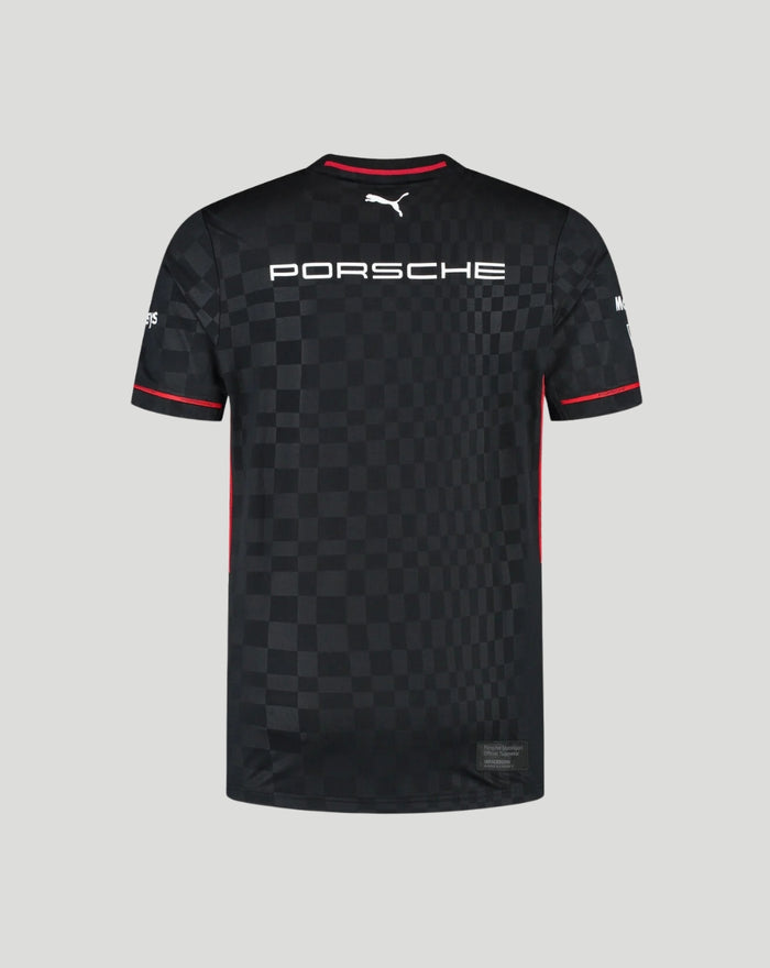 Back view of Mens Porsche Motorsport Team T-Shirt in black with large Porsche lettering across the upper back, checkerboard pattern and a small Puma logo at the neckline.