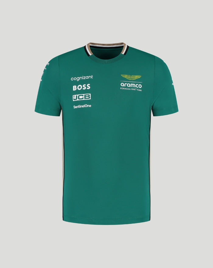 Teal green Mens Aston Martin Team T-Shirt with sponsor logos on the chest