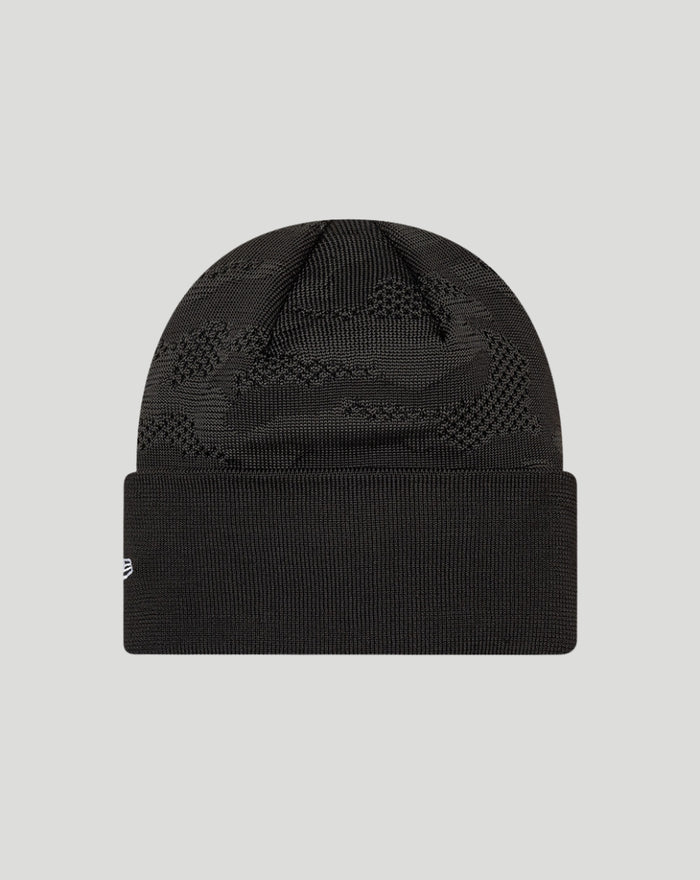Close up of black Ducati Team wide cuff knitted beanie showing the textured pattern