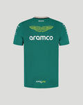 Back view of teal green Mens Aston Martin Team T-Shirt showing the wings logo and Aramco sponsor branding