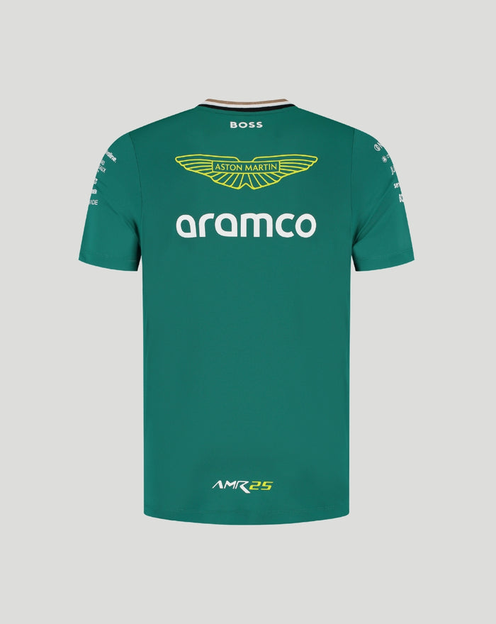 Back view of teal green Mens Aston Martin Team T-Shirt showing the wings logo and Aramco sponsor branding