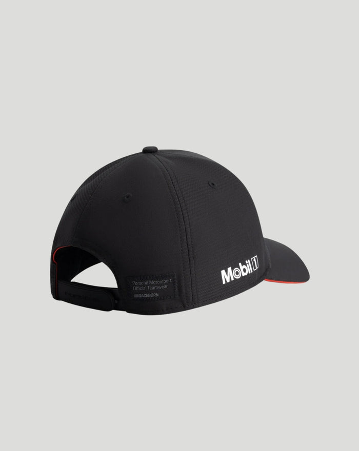 Black Porsche Motorsport cap with curved brim and Mobil 1 logo on the side