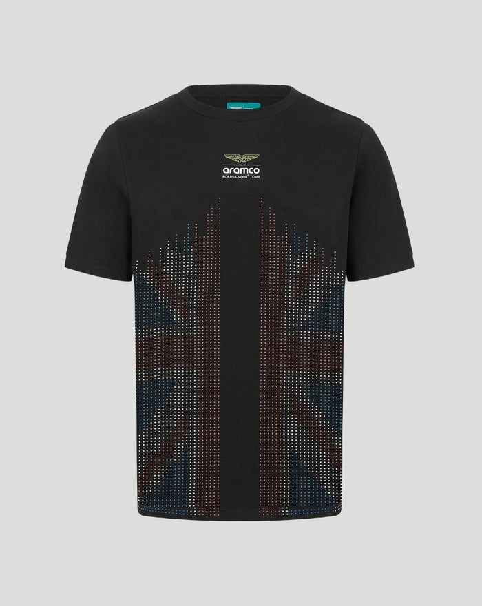Black T shirt with a dotted Union Jack graphic and small Aston Martin F1 branding on the chest.