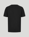Back view of a plain black short sleeve T shirt.
