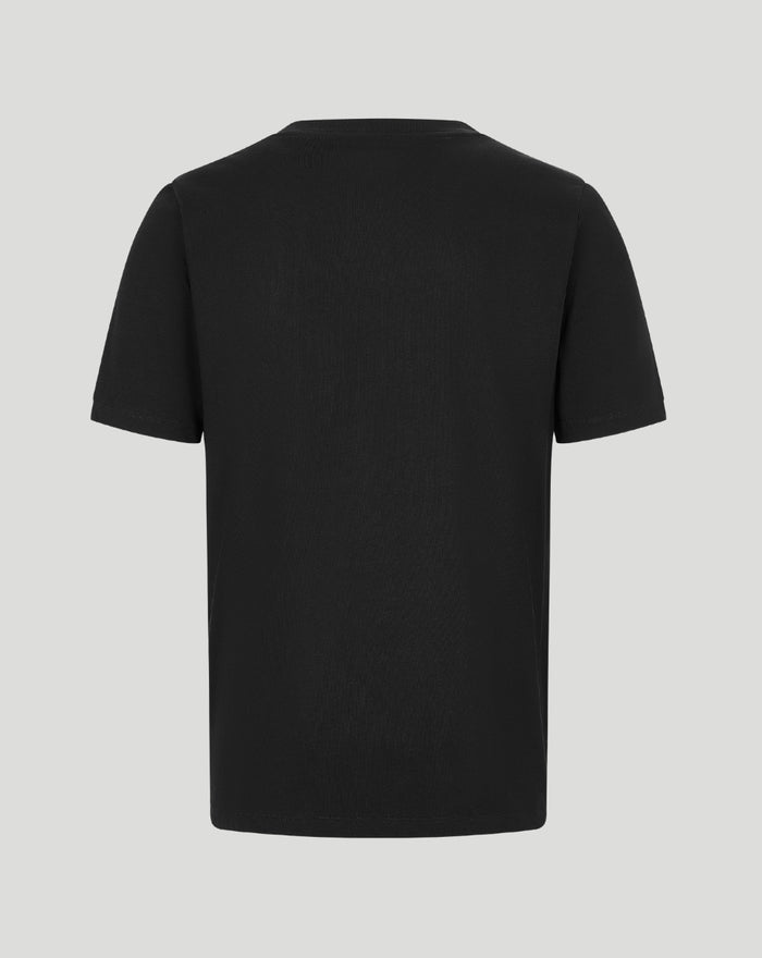 Back view of a plain black short sleeve T shirt.