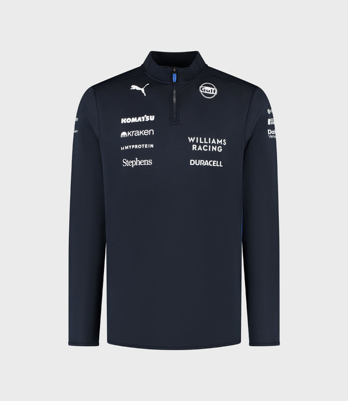 Navy Williams Racing quarter zip top with chest logo and sponsor decals on sleeves