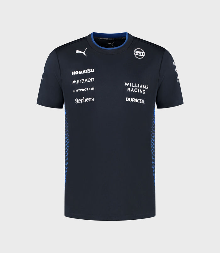 Front view of navy Williams Racing 2025 official team men's T shirt with prominent sponsor logos across the chest