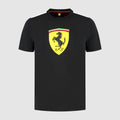 Black Scuderia Ferrari large shield tee with bright yellow shield logo and white shoulder stripes