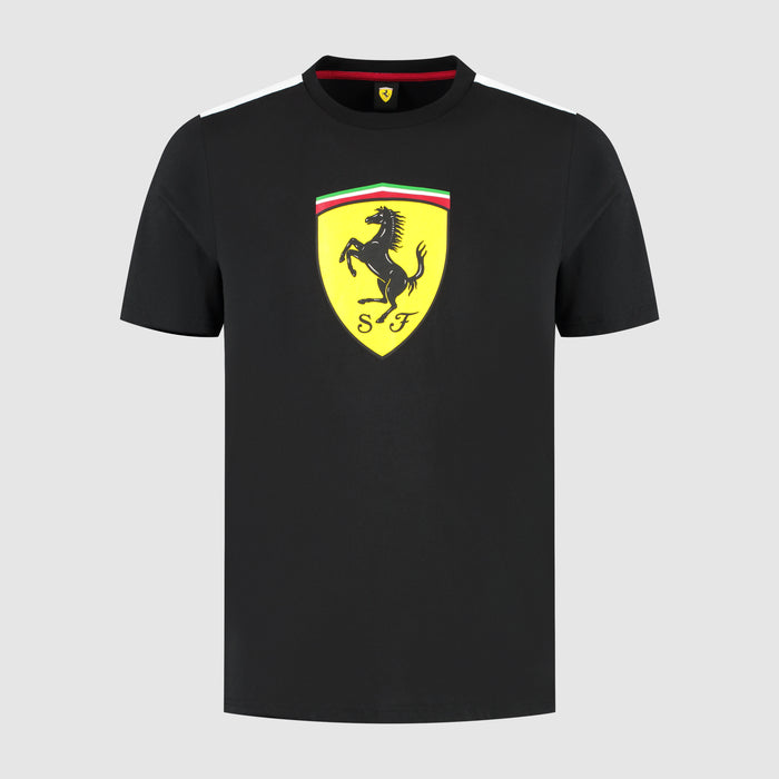 Black Scuderia Ferrari large shield tee with bright yellow shield logo and white shoulder stripes