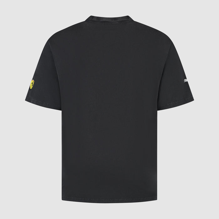 Back view of black Ferrari Driver T Shirt with a small yellow shield patch on the left sleeve