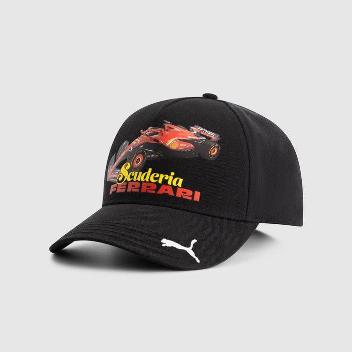 Black Ferrari cap with a racing car graphic on the front