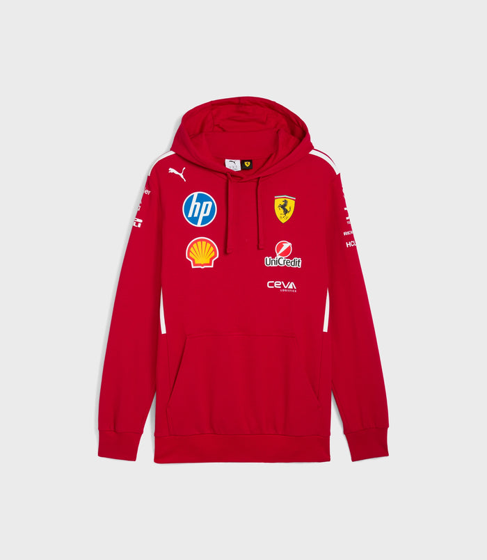 Red Scuderia Ferrari HP 2025 official team hoodie with hood up and sponsor logos along sleeves