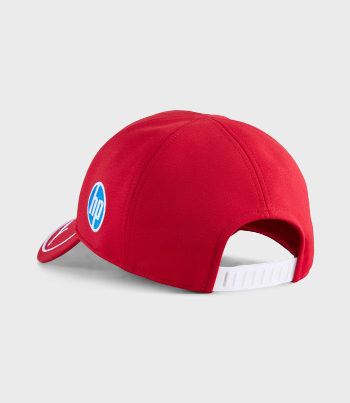 Red Scuderia Ferrari HP 2025 official team cap with HP logo on the front panel and white adjustable strap at the back