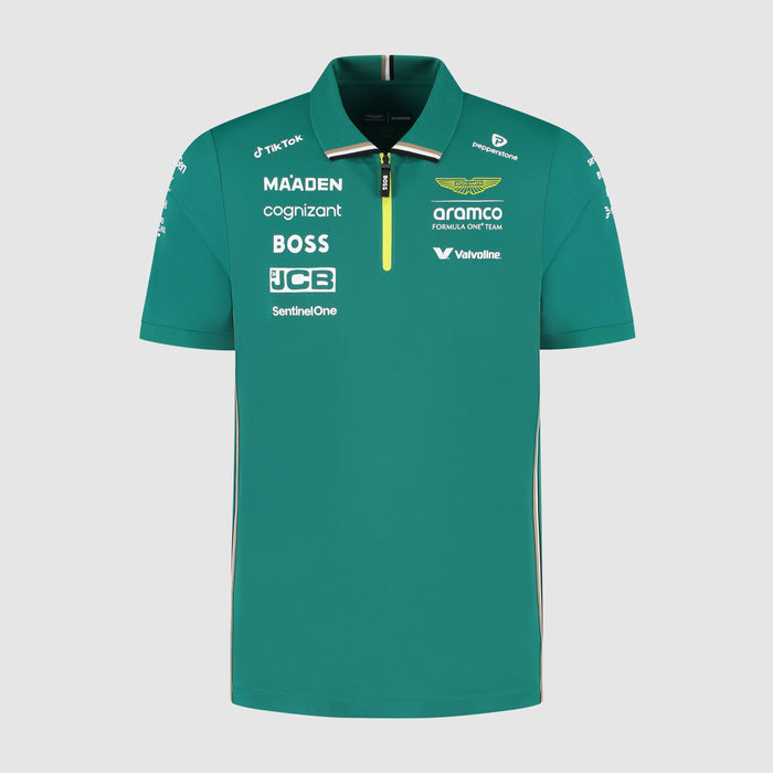 Back view of green Aston Martin Team Polo with striped collar and large yellow wing logo.