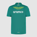 Front view of green Aston Martin Team Polo covered in sponsor logos including Maaden Cognizant BOSS aramco and AMR25 at hem.