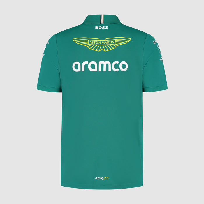 Front view of green Aston Martin Team Polo covered in sponsor logos including Maaden Cognizant BOSS aramco and AMR25 at hem.