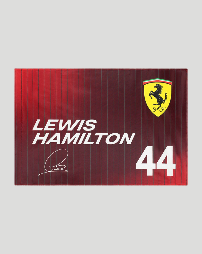 Lewis Hamilton Ferrari flag 60x90 cm with his name and autograph and the Ferrari shield on a maroon striped background