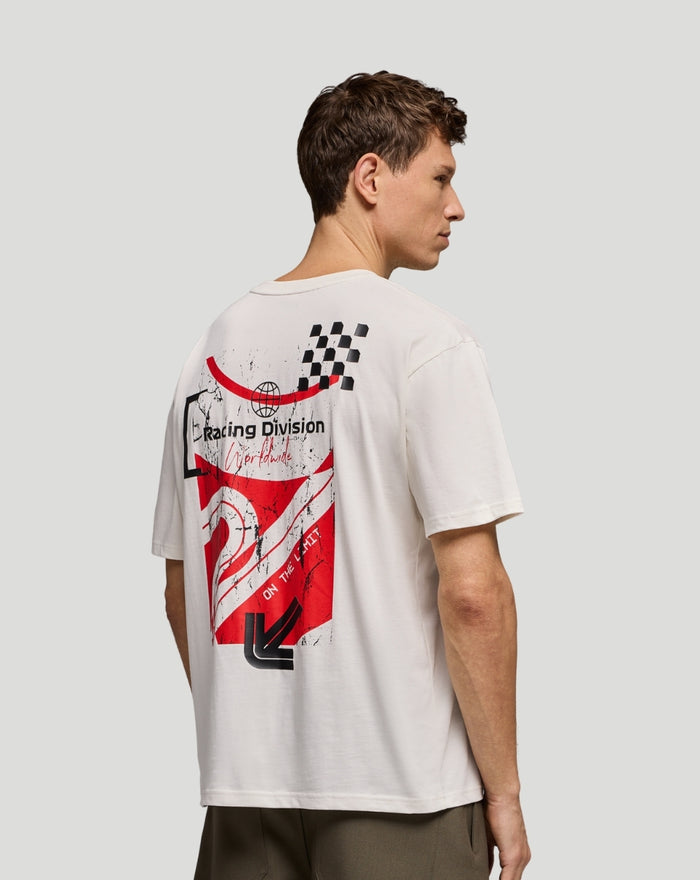 Back view of white F1 Fanwear Racing Division graphic T-shirt with bold red and black artwork.