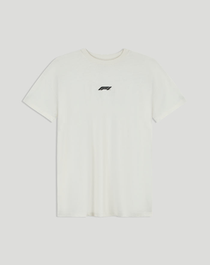 Front of white F1 Fanwear Racing Division T-shirt with small centered black F1 logo.