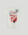 Back view of white F1 Fanwear Racing Division graphic T-shirt showing abstract red shapes and checkered elements.