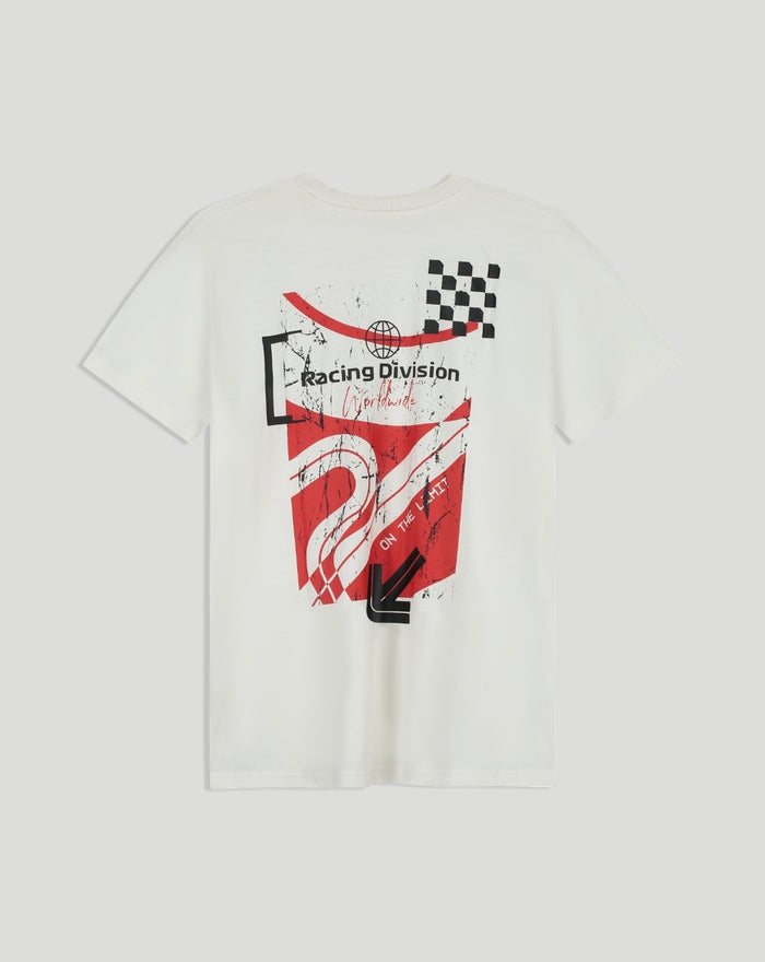 Back view of white F1 Fanwear Racing Division graphic T-shirt showing abstract red shapes and checkered elements.