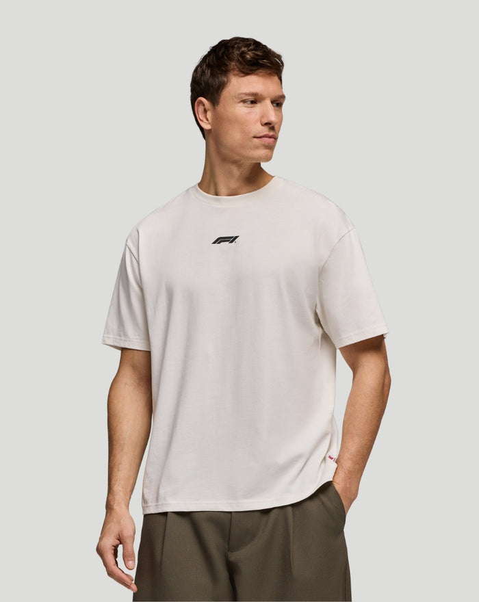 White F1 Fanwear racing division graphic T shirt worn by a male model