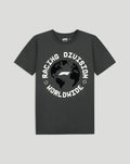 Front view of dark gray F1 Racing Division Worldwide T-shirt with globe graphic
