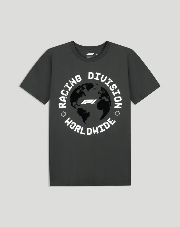 Front view of dark gray F1 Racing Division Worldwide T-shirt with globe graphic
