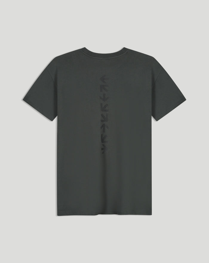 Black T shirt back view with a vertical F1 racing division graphic down the center