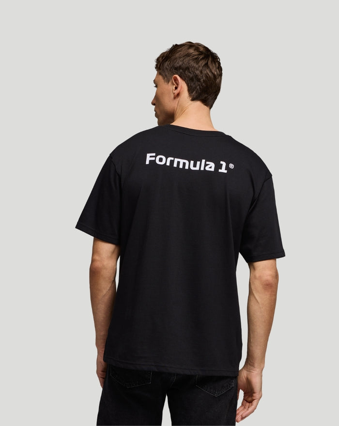 Black T shirt back view with Formula 1 logo across the upper back
