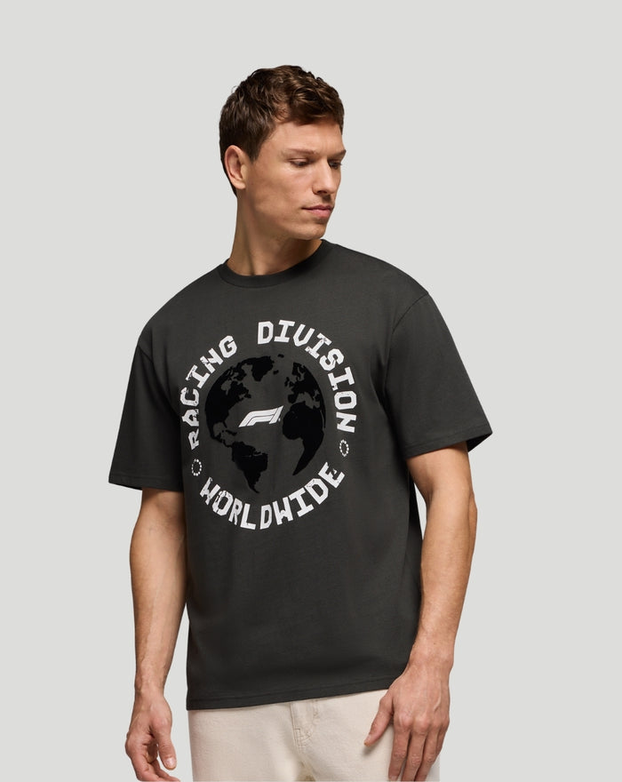 Black F1 Fanwear Racing Division Worldwide T-shirt with circular world map graphic