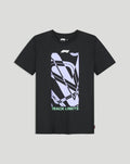 Front view of black F1 Track Limits graphic T-shirt with lavender abstract panel