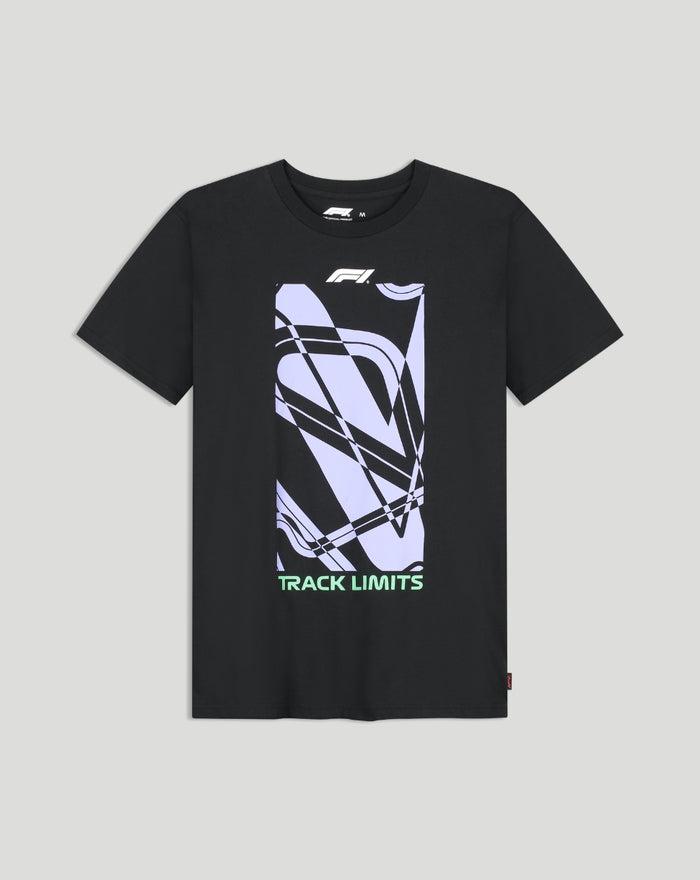 Front view of black F1 Track Limits graphic T-shirt with lavender abstract panel
