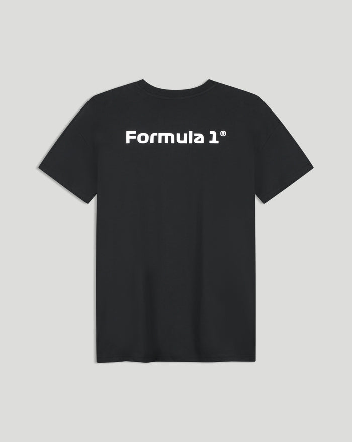 Back view of black F1 Track Limits T-shirt with Formula 1 branding across the upper back