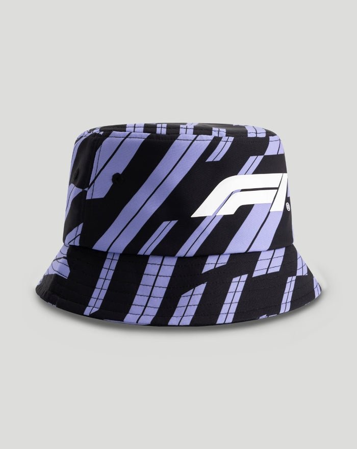 Angled front view of the purple and black track graphic bucket hat with a bold white F1 logo.