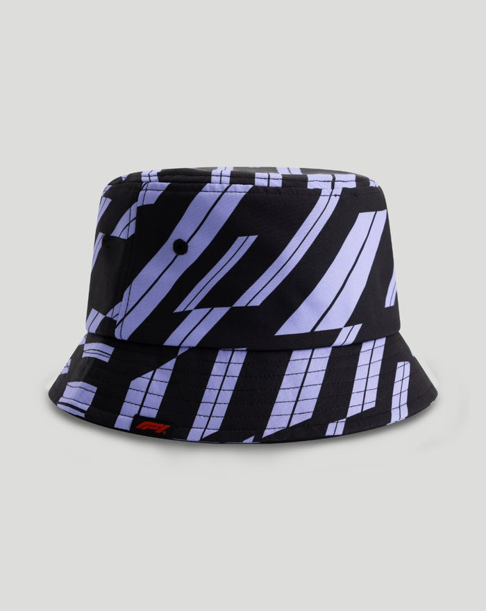 F1 Fanwear unisex bucket hat with purple and black track graphic pattern