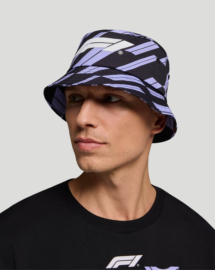 Unisex F1 Track Graphic Bucket Hat in purple and black with a white F1 logo.