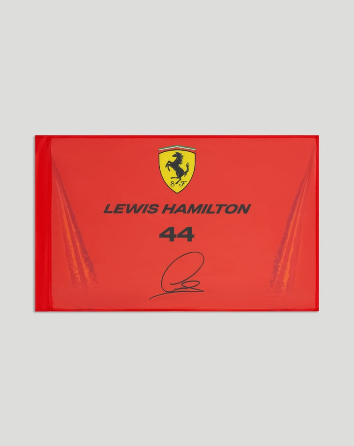 Red Scuderia Ferrari Hamilton flag showing the Ferrari crest and Lewis Hamilton number 44.