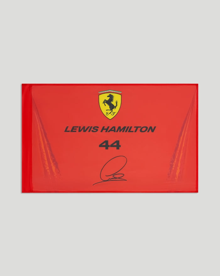 Red Scuderia Ferrari Hamilton flag showing the Ferrari crest and Lewis Hamilton number 44.