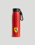 Red Scuderia Ferrari water bottle with black cap and attached loop featuring the Ferrari crest.